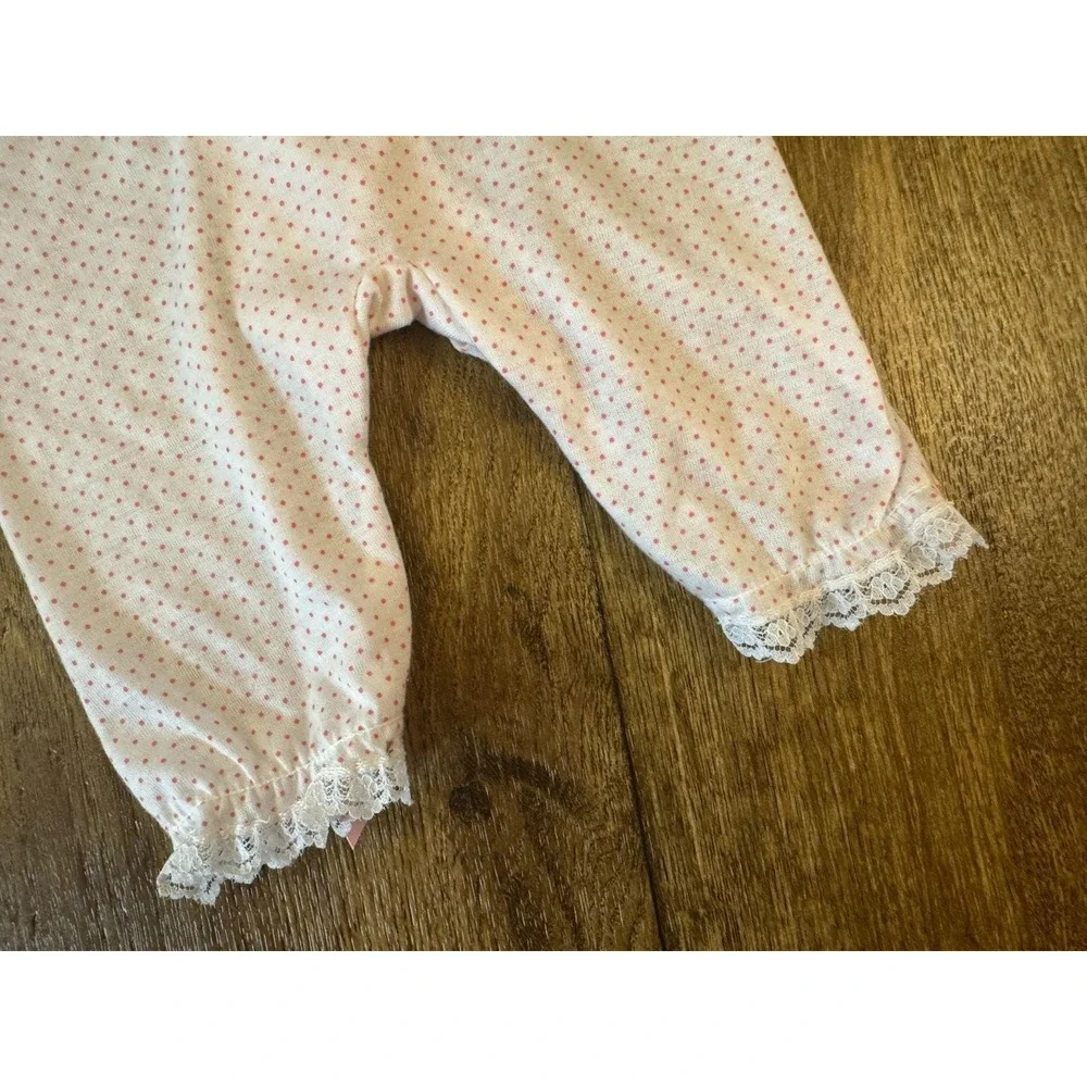 Vintage Baby Terry Brand Girl Outfit 3 3/6 Months Pink Dots Bow Lace Square Snap